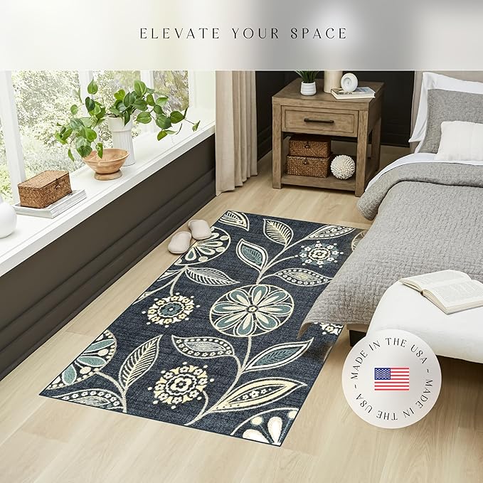 Maples Rugs Reggie Floral Area Rug - Made in USA - Washable, Non Slip, Pet-Friendly Mats for Living Room, Bedroom, and Office, 3'4 x 5, Persian Blue