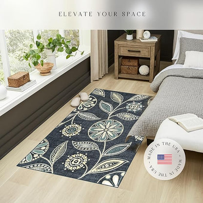 Maples Rugs Reggie Floral Area Rug - Made in USA - Washable, Non Slip, Pet-Friendly Mats for Living Room, Bedroom, and Office, 3'4 x 5, Persian Blue