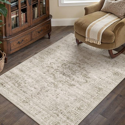 HUGEAR Washable 3x5 Area Rugs Retro Beige Living Room Bedroom Rug Vintage Distressed Non Slip Stain Resistant Low Pile Neutral Throw Carpet for Home Decor