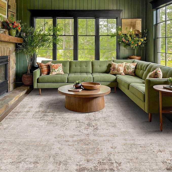 Farmhouse Area Rugs 9x12 for Living Room - Abstract Medallion Rug for Bedroom, Dining Room Under Table, Washable Non Slip, Fade & Stain Resistance