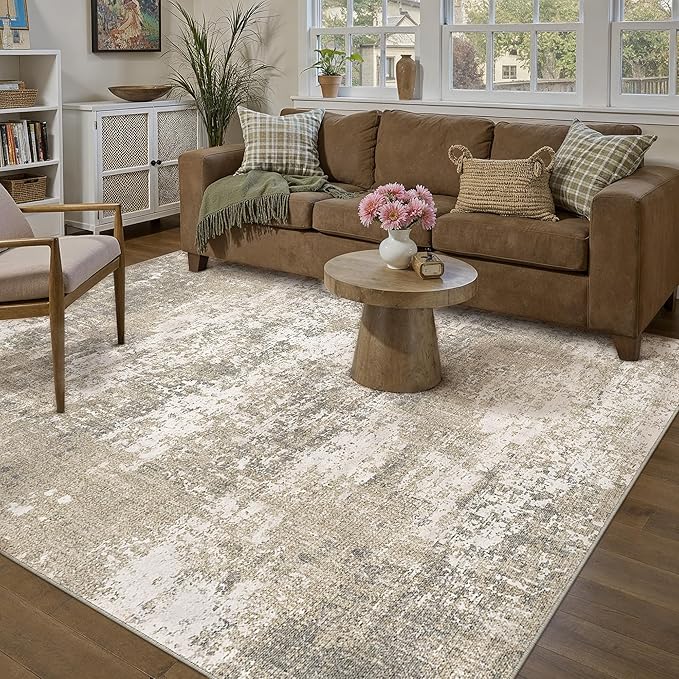 Beige Area Rug 4x6 Machine Washable Modern Abstract Office Carpet Neutral Non Slip Indoor Entry Low Pile Soft Non Shedding Small Mat Bedroom Throw Rug for Kitchen Laundry Dining Room