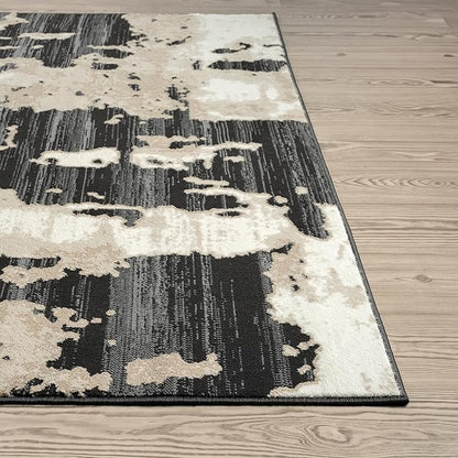 Abani Terra Cream Area Rug for Living Room, Bedroom - Black Abstract Pattern - 6' Round - Durable & Easy to Clean