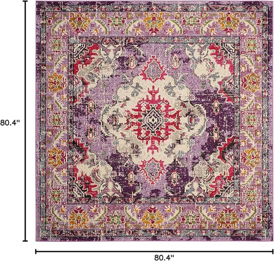 SAFAVIEH Monaco Collection Area Rug - 6'7" Square, Violet & Fuchsia, Boho Chic Medallion Distressed Design, Non-Shedding & Easy Care, Ideal for High Traffic Areas in Living Room, Bedroom (MNC243P)