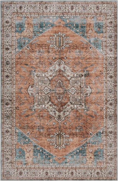 GLN Rugs Traditional Collection - Machine Washable Area Rug, Traditional Washable, Non Slip, Low Pile Chenille Rug, Living Room, Bedroom, Kitchen Rug (8' x 10' Terra/Multicolor)