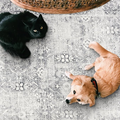 ReaLife Rugs Machine Washable Area Rug Runner - Living Room Bedroom Bathroom Kitchen Entryway Office - Padded Low Pile Stain Resistant Premium - Boho Farmhouse Vintage - Noor - Silver Ivory 2'6" x 8'