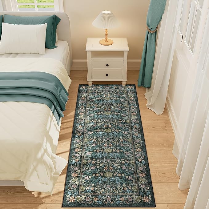 DUKINO 2x5 Washable Runner Rug, Floral Non Slip Bathroom Rugs with Soft Low Pile Design, Lightweight Non-Shedding Carpet Runner for Bathroom, Kitchen, Hallway, Bedroom, Laundry, Blue
