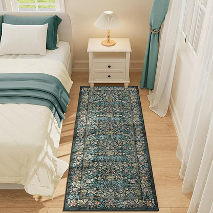 DUKINO 2x5 Washable Runner Rug, Floral Non Slip Bathroom Rugs with Soft Low Pile Design, Lightweight Non-Shedding Carpet Runner for Bathroom, Kitchen, Hallway, Bedroom, Laundry, Blue
