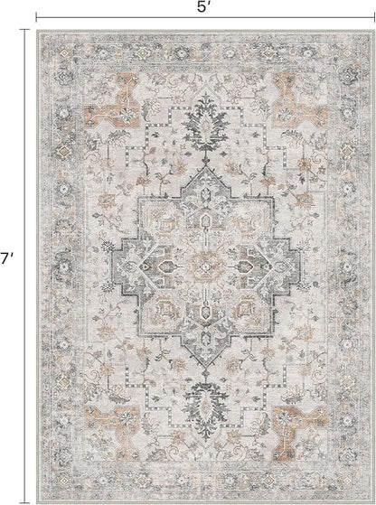 5X7 Area Rugs for Living Room, Machine Washable Non Slip Vintage Rugs, Low Pile Lightweight Print Rug for Bedroom, Dining Room, Home Office, Light Taupe Brown
