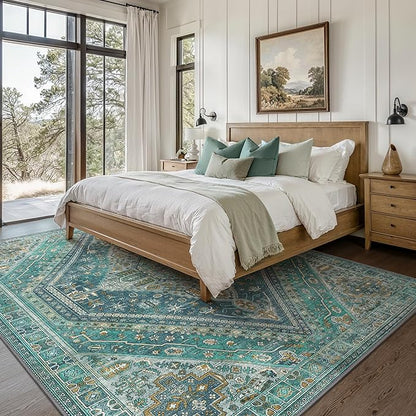 Bavni Washable Rug 8x10 Area Rug for Living Room Bedroom Dining, Washable Vintage Print Carpet, Ultra-Thin Chenille Low Pile Lightweight Rug with Non Slip Backing, Blue/Green