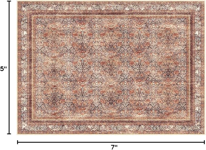 Phantoscope Washable Area Rug 5'x7' Non-Slip, Vintage Neutral Xmas Rugs for Living Room, Bedroom, Dining Room, Distressed Boho Floral Medallion Pattern, Low-Pile Foldable Floor Carpet, Brick Red/Black