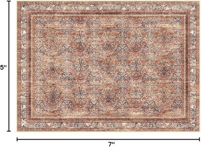 Phantoscope Washable Area Rug 5'x7' Non-Slip, Vintage Neutral Xmas Rugs for Living Room, Bedroom, Dining Room, Distressed Boho Floral Medallion Pattern, Low-Pile Foldable Floor Carpet, Brick Red/Black