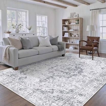 HUGEAR Washable 5x7 Area Rugs Retro Grey Living Room Bedroom Rug Vintage Distressed Non Slip Stain Resistant Low Pile Neutral Throw Carpet for Home Decor