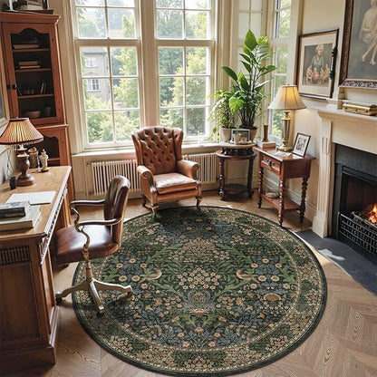 6ft Round Area Rugs for Living Room, Washable Floral Circle Rug Non Slip Low Pile, Vintage Boho Botanical Birds Throw Carpet for Farmhouse, Bedroom, Dining Room, Retro Gold/Green