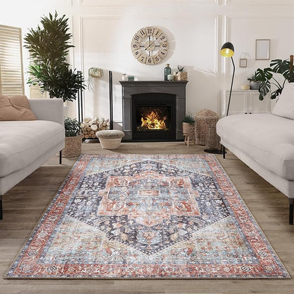 Bloom Rugs Washable Non-Slip 5' x 7' Rug - Terracotta/Blue Traditional Medallion Area Rug for Living Room, Bedroom, Dining Room, and Kitchen - Exact Size: 5' x 7'