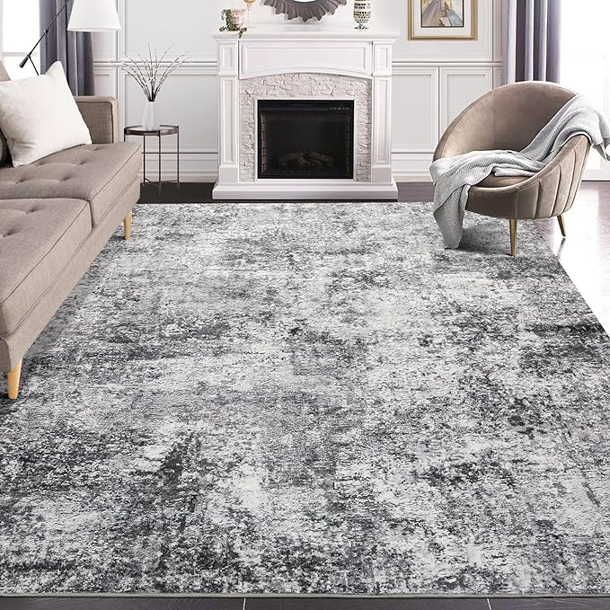 Area Rug Living Room Rugs - 7x10 Washable Large Soft Indoor Neutral Modern Abstract Low Pile Rug Carpet for Bedroom Dining Room Farmhouse Home Office - Grey