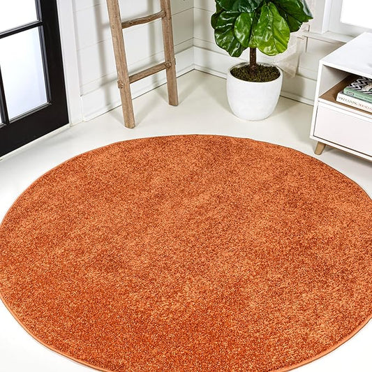 Eyely UES100M-8R Haze Solid Low-Pile Orange 8' Round Area Rug, Pet Friendly, Stain Resistant, Easy Cleaning, for Bedroom, Living Room, Kitchen