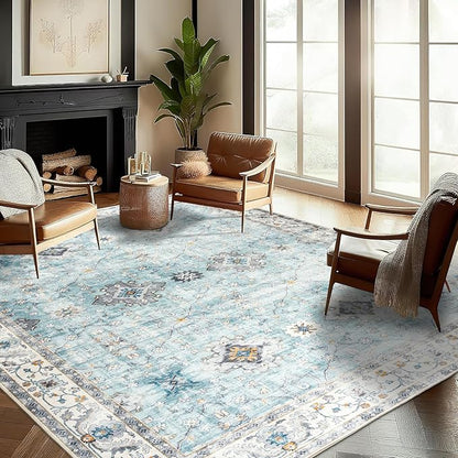 ReaLife Rugs Machine Washable Area Rug Runner - Living Room Bedroom Bathroom Kitchen Entryway Office - Padded Low Pile Stain Resistant Premium - Boho Farmhouse Vintage - BEV - Blue Ivory 3' x 5'