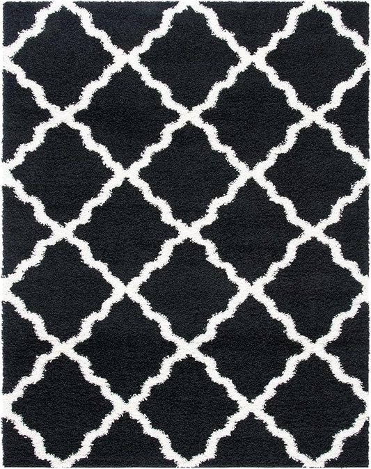 SAFAVIEH Dallas Shag Collection Area Rug - 8'6" x 12', Black & Ivory, Trellis Design, Non-Shedding & Easy Care, 1.5-inch Thick Ideal for High Traffic Areas in Living Room, Bedroom (SGD257Z)