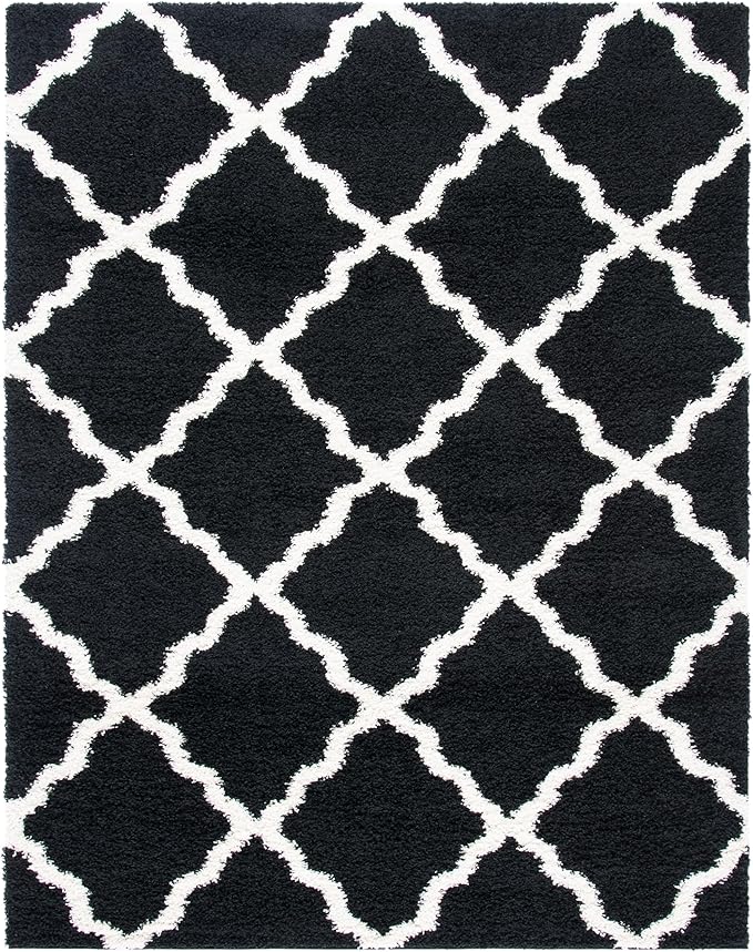 SAFAVIEH Area Rug 8x10 - Dallas Shag Collection - Large - Black & Ivory, Trellis Pattern, Non-Shedding & Easy Cleaning, Plush Thick Pile, Ideal for Living Room, Bedroom, Dining Space (SGD257Z)