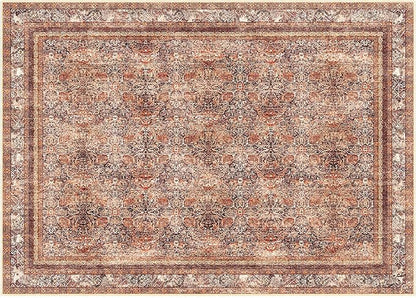 Phantoscope Washable Area Rug 5'x7' Non-Slip, Vintage Neutral Xmas Rugs for Living Room, Bedroom, Dining Room, Distressed Boho Floral Medallion Pattern, Low-Pile Foldable Floor Carpet, Brick Red/Black
