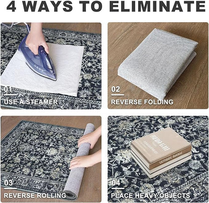 KILOCOCO Area Rug 3x5 Entryway Rug Washable Printed Vintage Floral Rubber Backed Non Slip Indoor Kitchen Rugs for Living Room Laundry Room Playroom Mudroom Moroccan Area Rugs, Navy/Charcoal