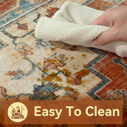 YJ.GWL Area Rugs for Living Room 4x6 Machine Washable Rugs for Bedroom, Non Slip Floral Vintage Rug Indoor Carpet, Stain Resistant Throw Rug for Dining Room Kitchen, Brick Orange