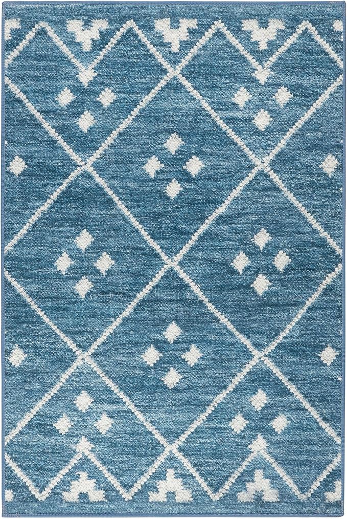 Dash and Albert Kota Machine Washable Area Rug - 4' x 6' Indigo - Diamond Accent Rug - Anti-Slip Backing, Lightweight, Machine Washable, High Traffic Areas Kitchen, Mudroom, Laundry Room