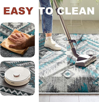 YHSF South West Native American Rug Ritz – Native Tribal American Indian Inspired Rug - Living Room, Bedroom, Hallway, Entryway & High-Traffic Area Rugs - Washable - Soft - Steel, 5 Feet x 7 Feet
