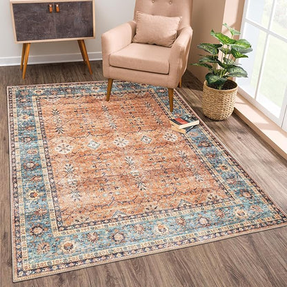 Bloom Rugs Washable Non-Slip 8' x 10' Rug - Orange/Teal Blue Traditional Bordered Area Rug for Living Room, Bedroom, Dining Room, and Kitchen - Exact Size: 8' x 10'