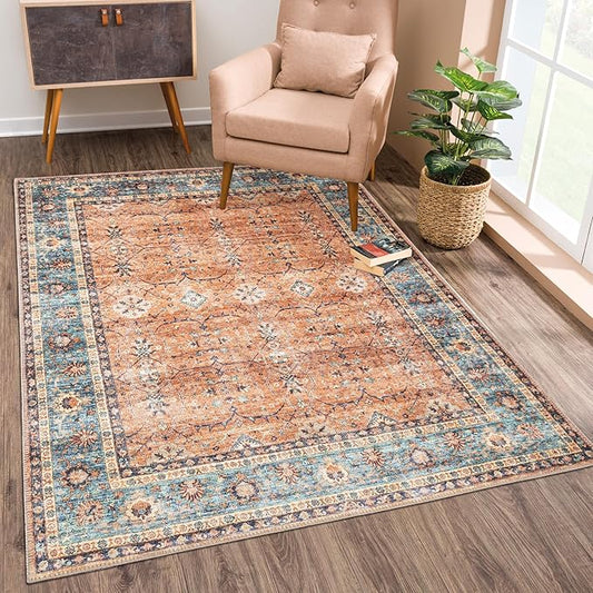 Bloom Rugs Washable Non-Slip 3' x 5' Rug - Orange/Teal Blue Traditional Bordered Area Rug for Living Room, Bedroom, Dining Room, and Kitchen - Exact Size: 3' x 5'