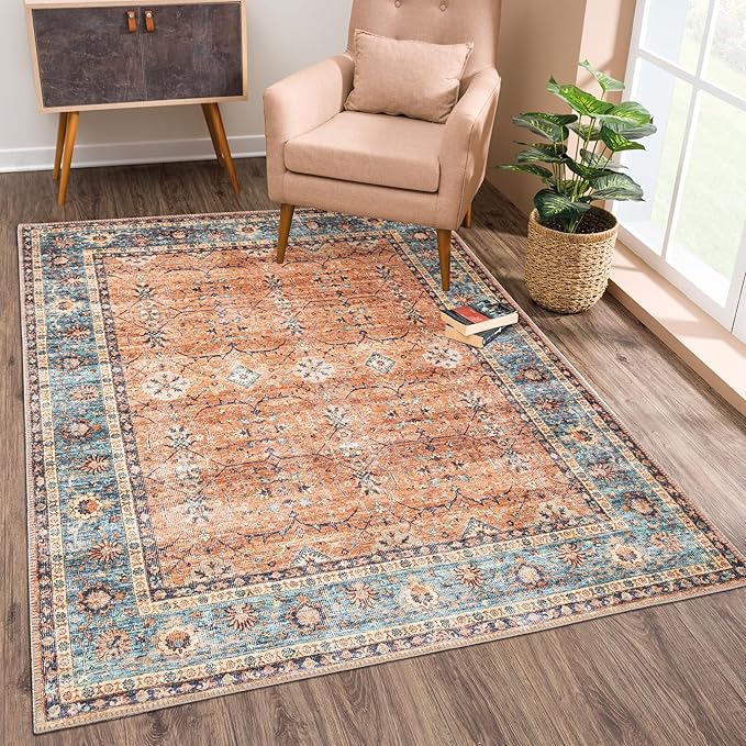 Bloom Rugs Washable Non-Slip 10x14 Rug - Orange/Teal Blue Traditional Bordered Area Rug for Living Room, Bedroom, Dining Room, and Kitchen - Exact Size: 10' x 14'