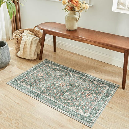 WITSHOCK Washable 2x3 Entryway Area Rug: Soft Non-Slip Backing Washable Rugs Vintage Flower Boho Accent Small Rugs for Bedroom, Kitchen, Bathroom, Nursery Entrance,Teal Blue