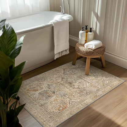 Bavni 2x3 Entryway Rug Bathroom Rugs for Front Door Bedroom Bathroom Kitchen, Washable Vintage Print Carpet, Ultra-Thin Chenille Lightweight Rug with Non Slip Backing, Wood