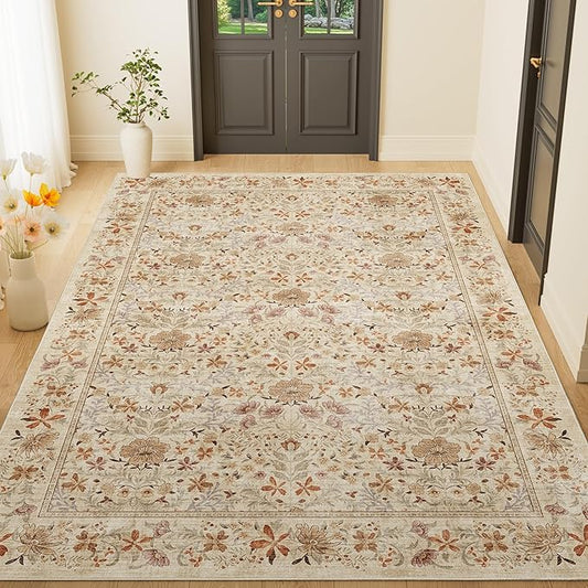DUKINO 4x6 Rugs for Living Room, Lightweight Non Slip Washable Rug with Low Pile Design, Vintage Floral Non-Shedding Soft Carpet for Living Room, Bedroom, Farmhouse, Office, Bathroom, Beige