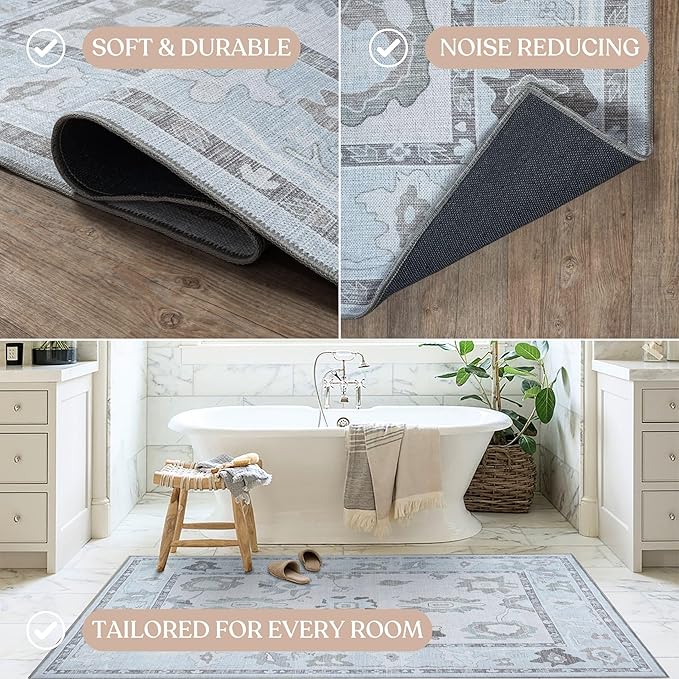 Fame Living Cream Beige Oushak Rug, Modern, Vintage, Turkish, Eclectic, Floral, Pastel, Washable, Area Rugs for Living Room, Dining, Bedroom, Nursery, Girls, Boys, 5'9"x8'9"