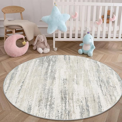 MUJOO Round Rug 4ft,Small Cicle Area Rug Washable,Circular Throw Carpet for Entryway Bedroom Kitchen,Modern Abstract Non Slip Indoor Accent Neutral Beige and Grey