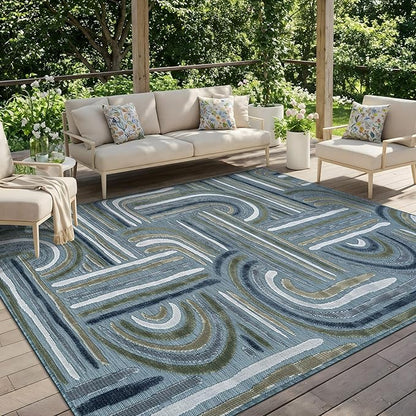 CAMILSON Indoor Outdoor Rug, Aqua 8x10 Geometric Arch Striped Area Rugs for Patio and Home Areas, Easy-Cleaning Non-Shedding Living Room, Garden and Deck Washable Outside Carpet (8 x 10)