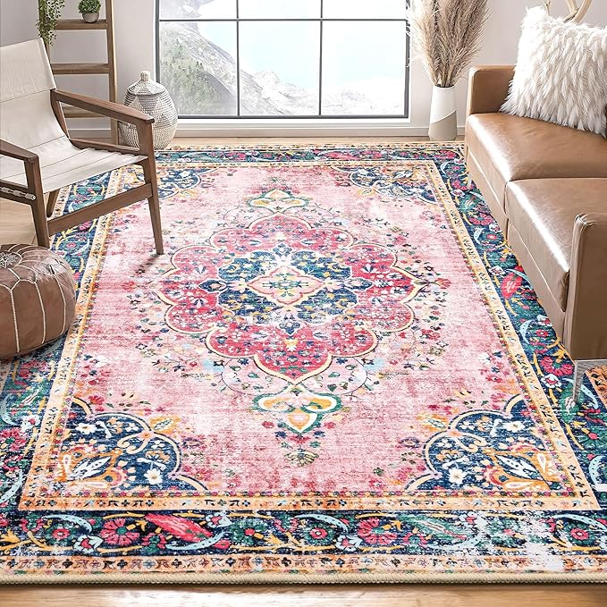 5x7 Area Rugs Pink Boho Rug for Living Room Vintage Rug Non-Slip Washable Low Pile Foldable Large Rugs for Bedroom Dining Room Indoor Floor Carpet