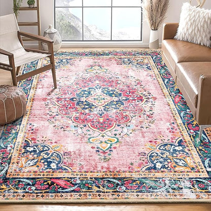 5x7 Area Rugs Pink Boho Rug for Living Room Vintage Rug Non-Slip Washable Low Pile Foldable Large Rugs for Bedroom Dining Room Indoor Floor Carpet