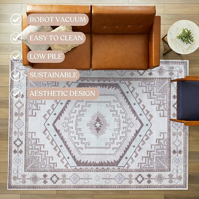 Fame Living Washable Area Rug. Modern Farmhouse. Vintage. Turkish. Bohemian. Distressed. Oriental. Traditional. Rugs for Living Room. Dining. Bedroom. Office. Entryway. Foyer. (856BrC, 5'9" x 8'9")