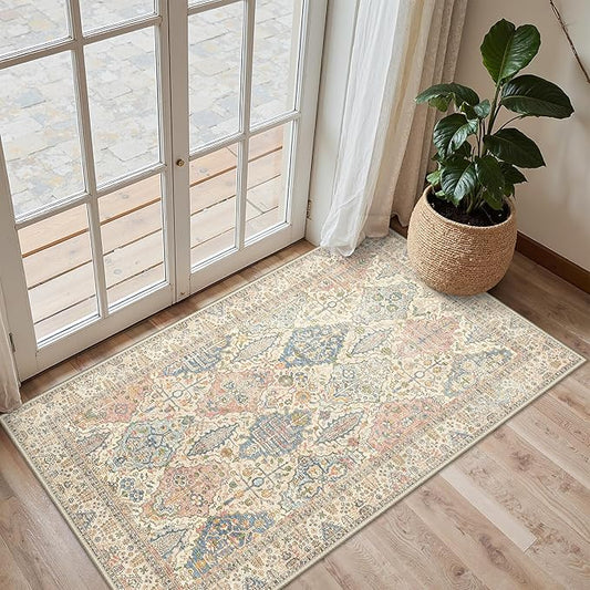 GENIMO Area Rug 2x3 Doormat, Machine Washable Low Pile Rugs, Small Retro Chenille Entryway Mat for Entrance, Hallway, Kitchen and Corridor, Beige Cream