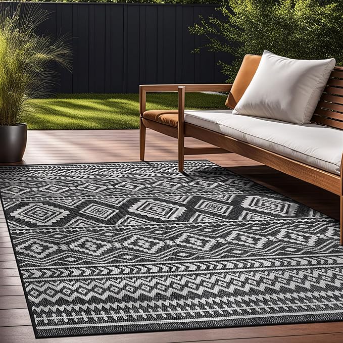 Beverly Rug Waikiki Boho Indoor Outdoor Rug 6x9, Washable Outside Carpet for Patio, Deck, Porch, Bohemian Area Rug, Farmhouse Rugs, Aztec Tribal Rug, Black and White