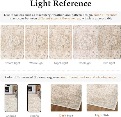 5x7 Washable Area Rug Beige Vintage Distressed Rug for Office Oriental Soft Thin Indoor Retro Carpet Non Slip Low Pile Floor Cover for Living Ding Room Bedroom Laundry Dorm