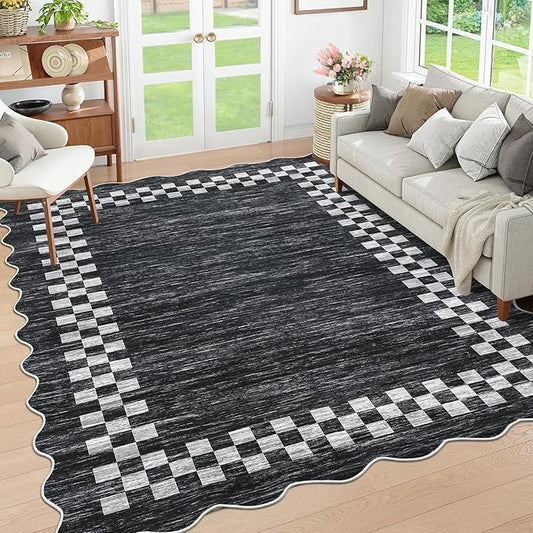 GarveeHome Area Rug 6x9 Large Living Room Modern Border Throw Rug with Rubber Backing Stain Resistant Dining Room Throw Carpet Washable Scalloped Rug for Bedroom Home Decor Office, Grey