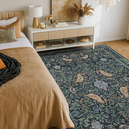 Vintage 4x6 Washable Entryway Rug, Blue & Green Floral Bird Woodland Rug, Non-Slip Low Pile Stain Resistant Carpet for Kitchen, Bedroom, Small Living Room