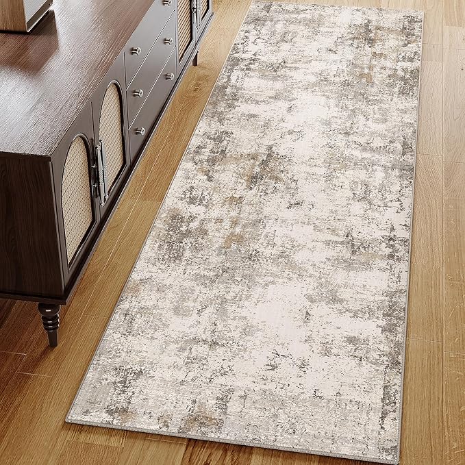 2x6 Washable Runner Rug Brown Grey Abstract Hallway Kitchen Throw Rug Neutral Modern Non Slip Soft Low Pile Carpet for Bathroom Laundry Bedroom Living Room