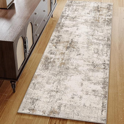 2x6 Washable Runner Rug Brown Grey Abstract Hallway Kitchen Throw Rug Neutral Modern Non Slip Soft Low Pile Carpet for Bathroom Laundry Bedroom Living Room