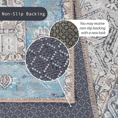 GLN Rugs Traditional Collection - Machine Washable Area Rug, Traditional Washable, Non Slip, Low Pile Chenille Rug, Living Room, Bedroom, Kitchen Rug (8' x 10' Brown/Blue)
