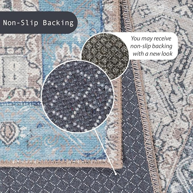 GLN Rugs Traditional Collection - Machine Washable Area Rug, Traditional Washable, Non Slip, Low Pile Chenille Rug, Living Room, Bedroom, Kitchen Rug (5' x 7' Brown/Blue)