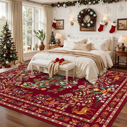 9x12 Area Rugs Living Room Rug: Christmas Washable Rug Floral Soft Carpet Indoor Floor Non-Slip Boho Stain Resistant Large Carpets for Bedroom Kids Nursery Dining Room Farmhouse Home Office Red